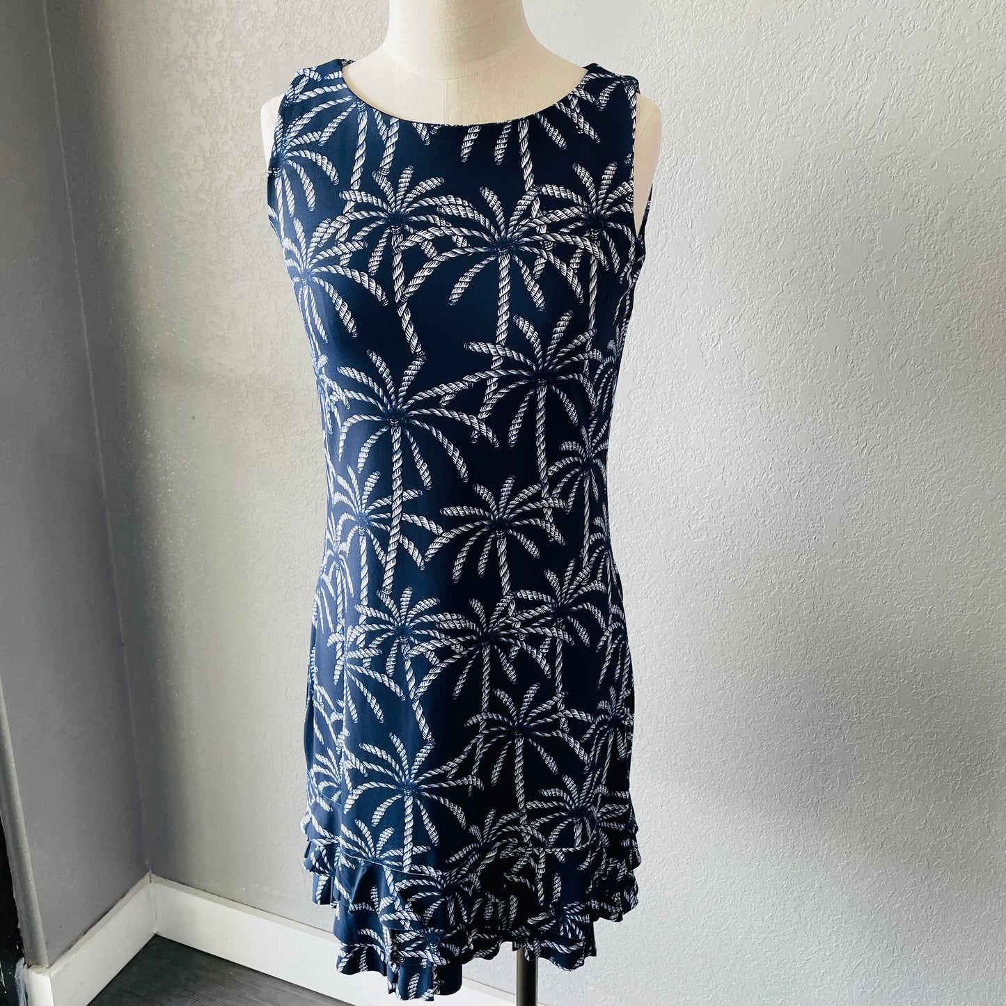 LuluB Sleeveless Ruffle Dress in Navy Palm