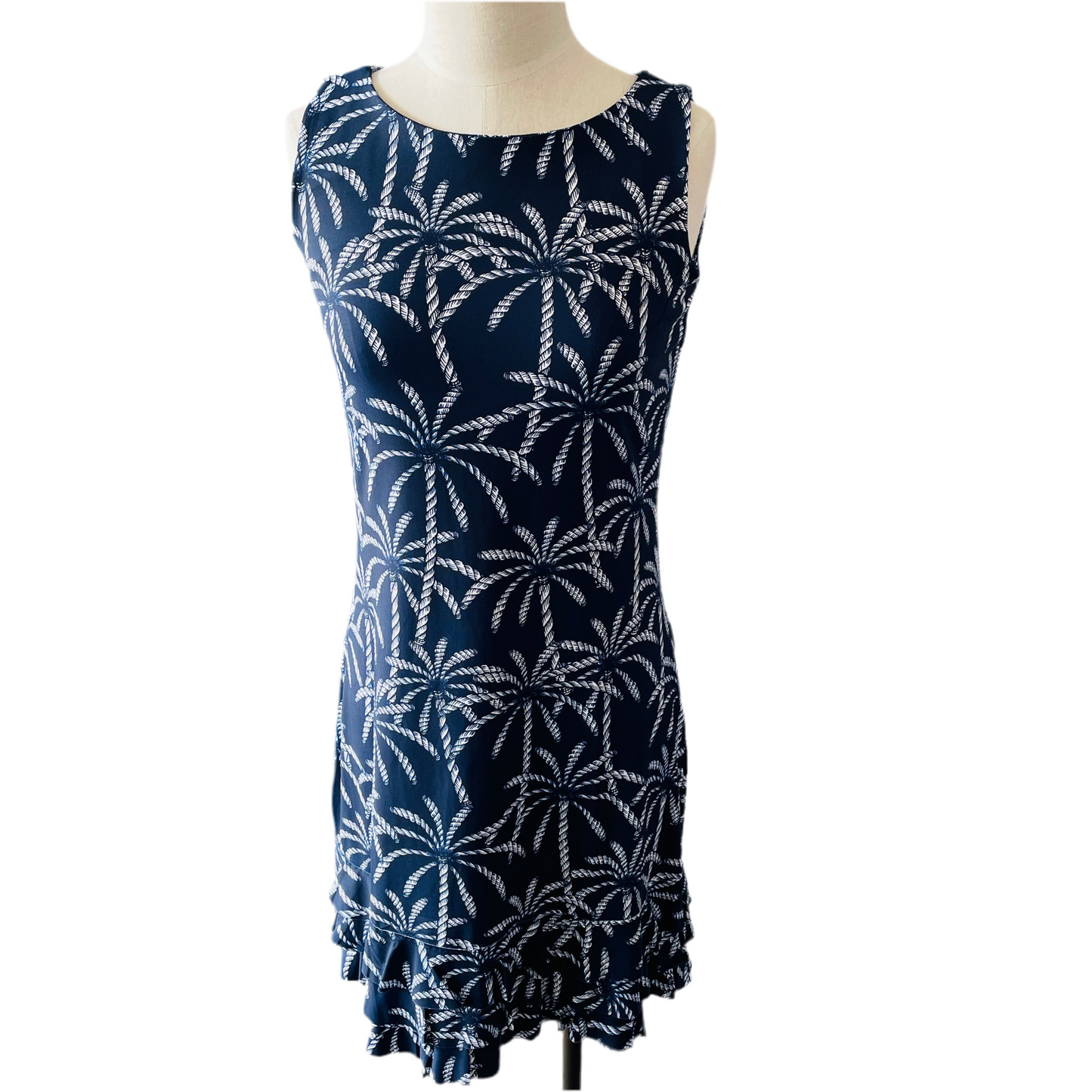 LuluB Sleeveless Ruffle Dress in Navy Palm